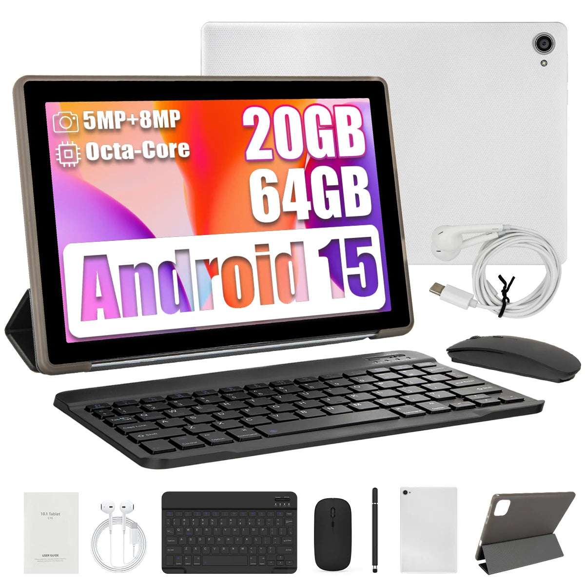 URAO Tablet 10.1 Inch Android 15 Octa-Core 20GB RAM 64GB ROM 1280x800 IPS Tablets PC WiFi 6 Bluetooth 5.3 Widevine L1 Keyboard Set