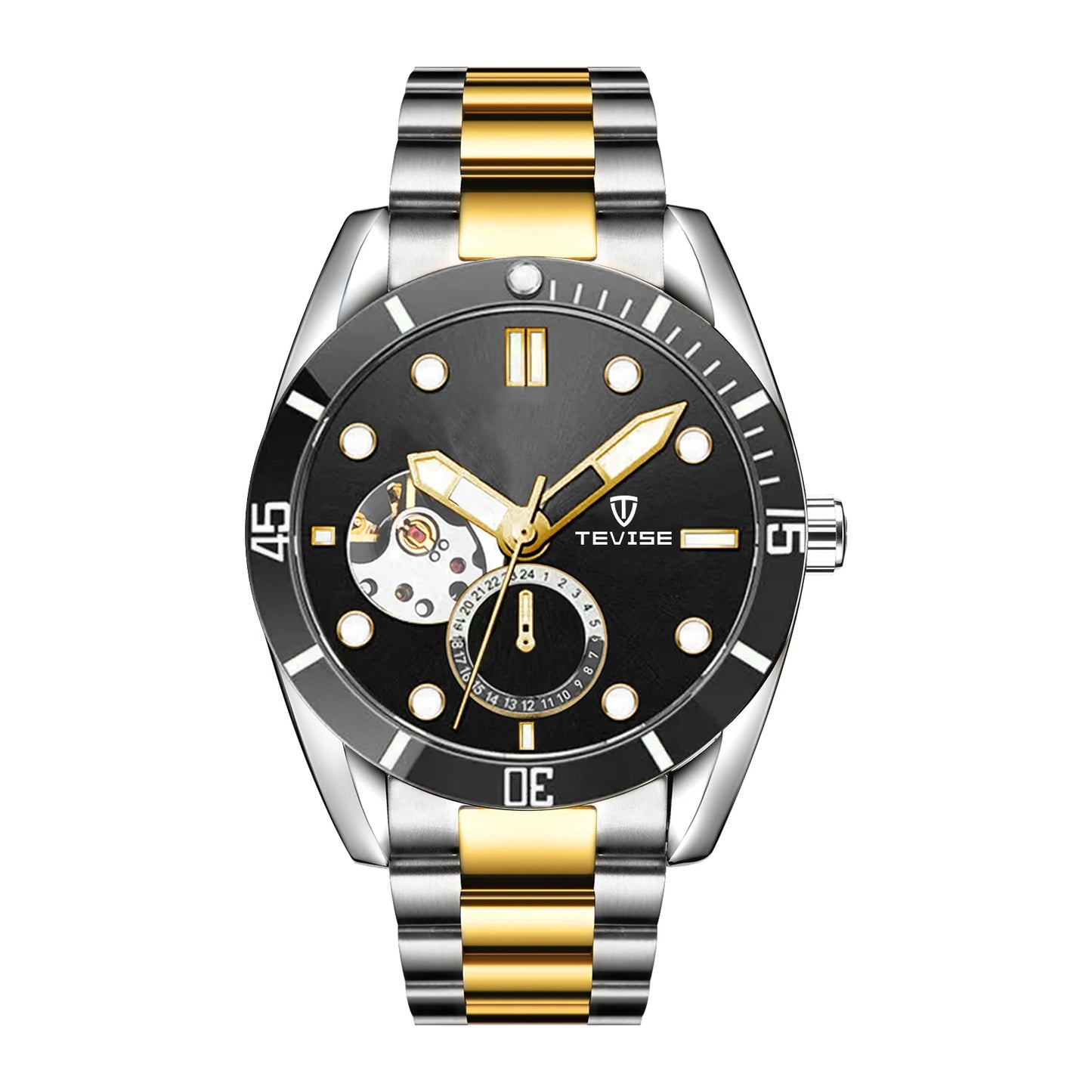 TEVISE Watch Automatic Mechanical Movement Fashion Stainless Steel Strap Skeleton Watch Luminous 24 Hour Wristwatch Waterproof