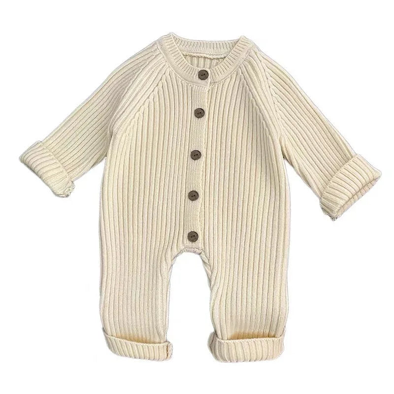Ribbed Knit Baby Romper – Button Front, Long Sleeve (0-18M)