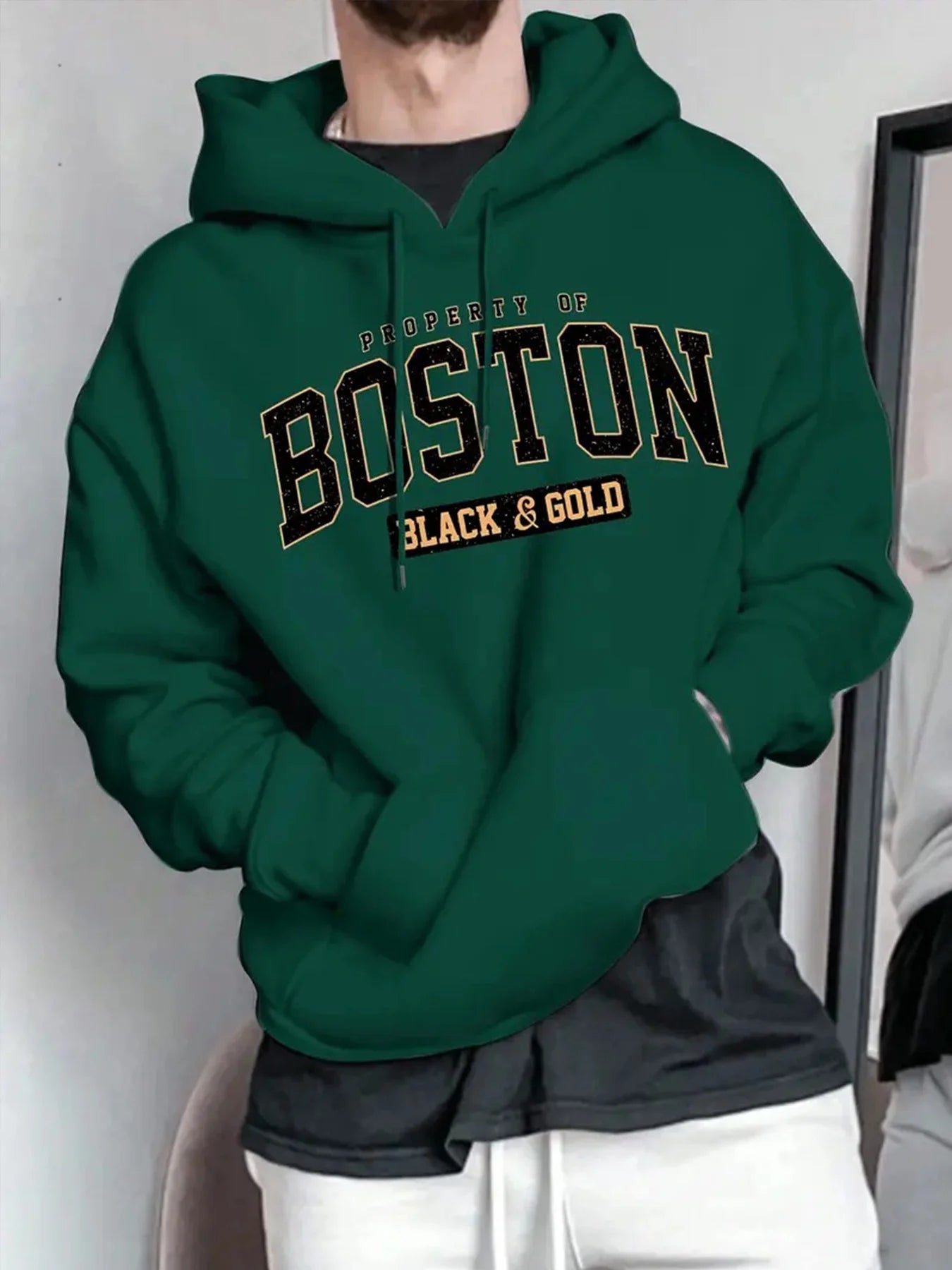 Men's Boston Letter Printed Fleece Warm Hood Adjustable Drawstring Comfortable Outdoor Use Autumn Winter Casual Fashion Hoodie