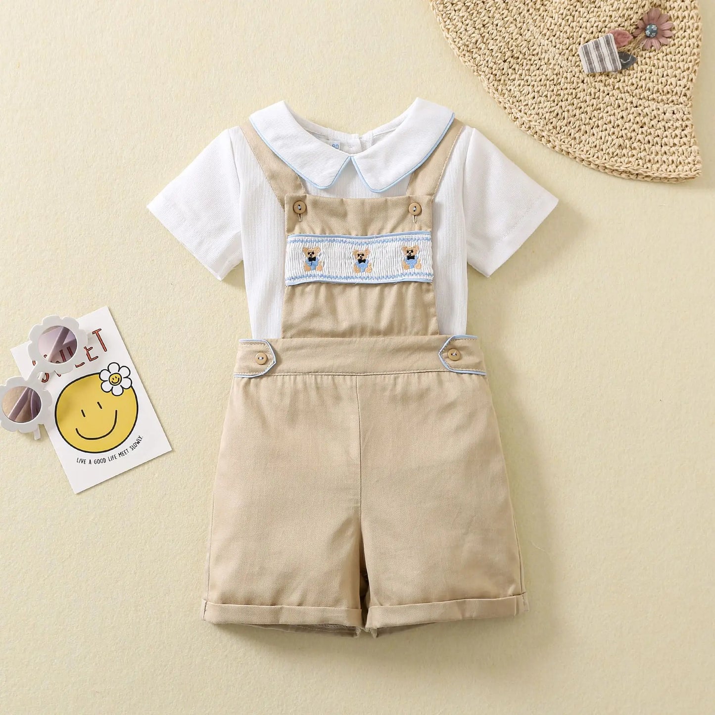 Ins Handmade Baby Boys' Clothes New British Wind Cotton Short-sleeved Shirt Embroidered Bear Clothes Baby Boys Boutique Suits