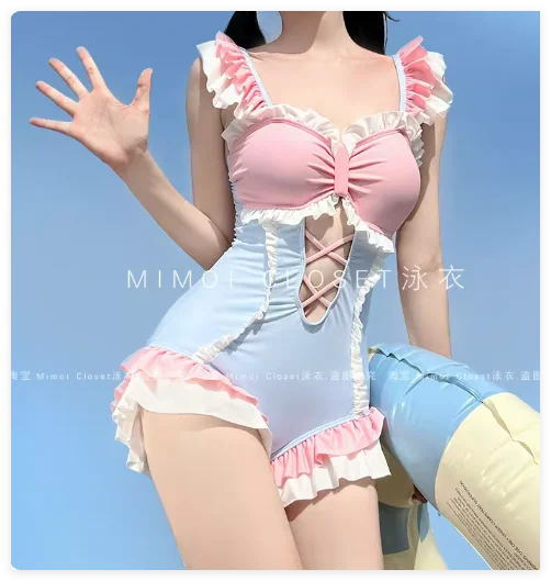 Japanese Lolita Girls Bow Cute Water Blue Swimsuit Hot Spring Bathing Swimwear Japanese Style Women One Peice Swimming Suit