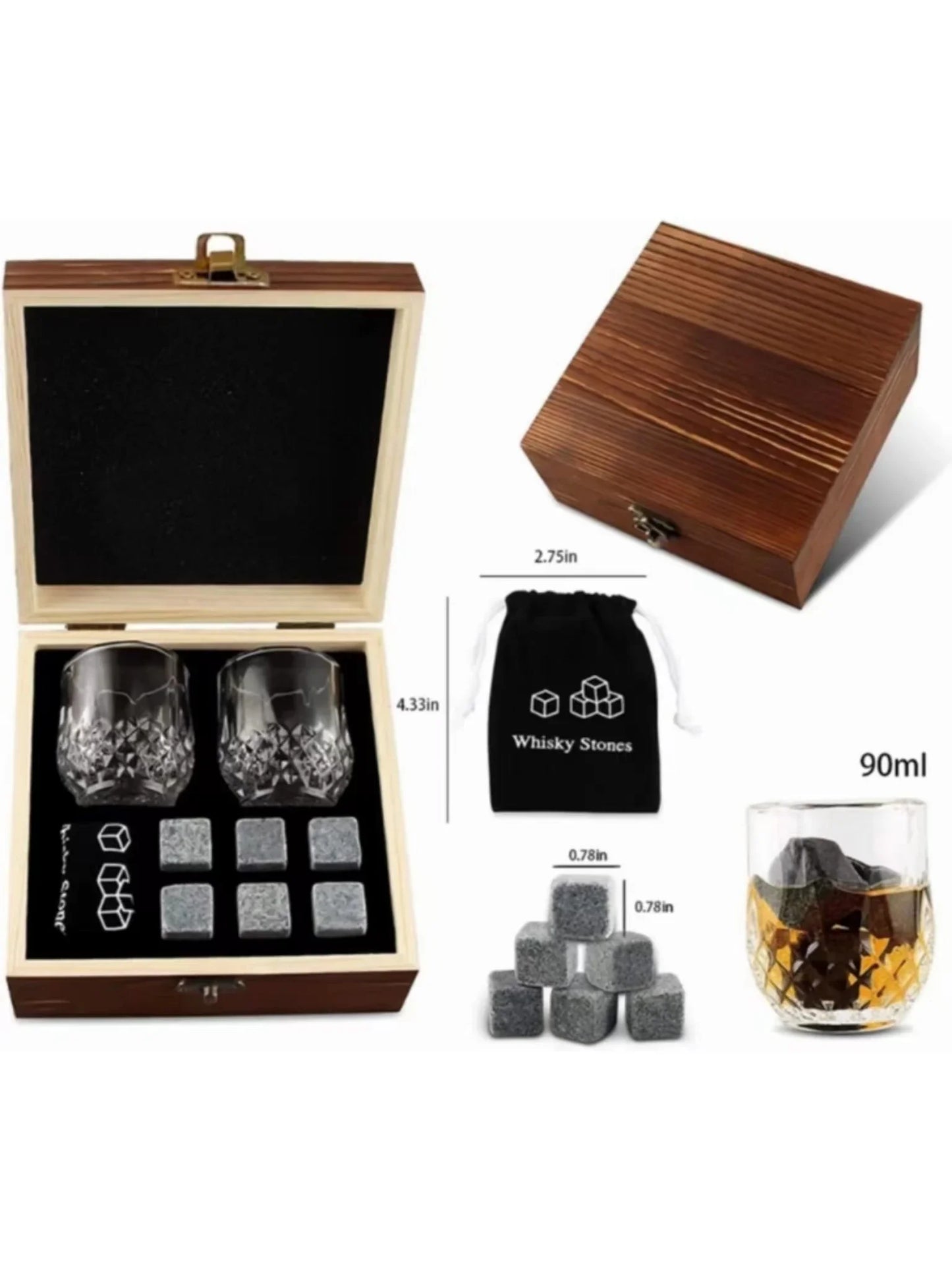Father's Day Gift for Men Whiskey Stones Glasses Set Granite Ice Block for Whisky in Wooden Bottle Box Present for Dad Husband