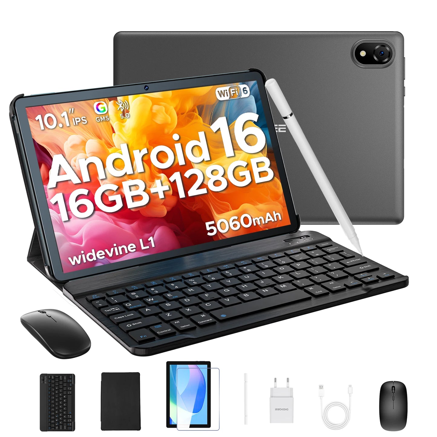 DOOGEE U10 Tablet 10.1" HD Display Android 16 16GB RAM 128GB ROM 5060mAh Large Battery Widevine L1 WiFi6 8MP+5MP Pad PC