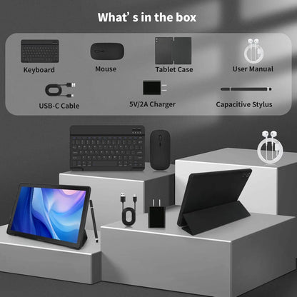A10L 10 Inch Android Tablet 12GB RAM 64GB ROM IPS HD Touch Screen with Keyboard Case Mouse Stylus 8 in 1 Tablet Kit