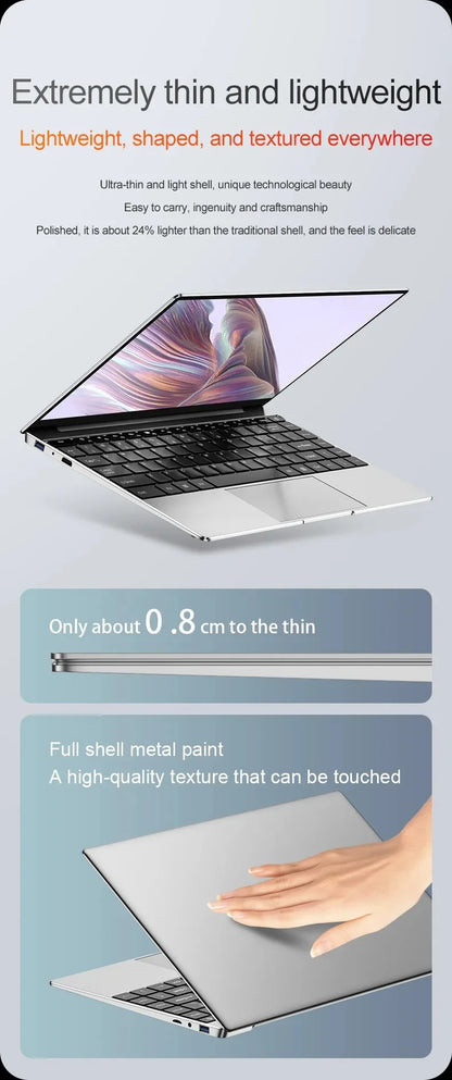 Ultra Slim Laptop 14.1" 16GB RAM 2TB SSD Intel N3700 Notebook Windows 11 Pro 1920*1080 Display Office Study Computer PC