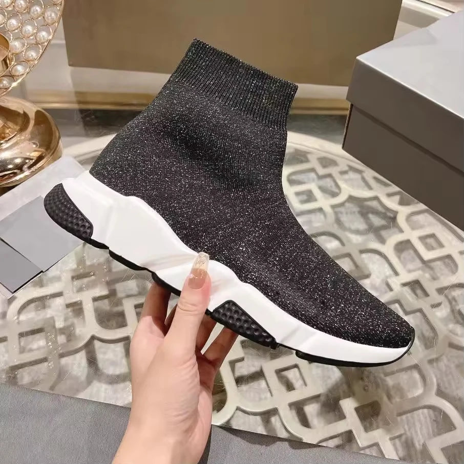 Black High Top Women Socks Shoes Sneakers Breathable Paris Style Couples Casual Sports Shoes Comfy Platform Sock Sneakers Men