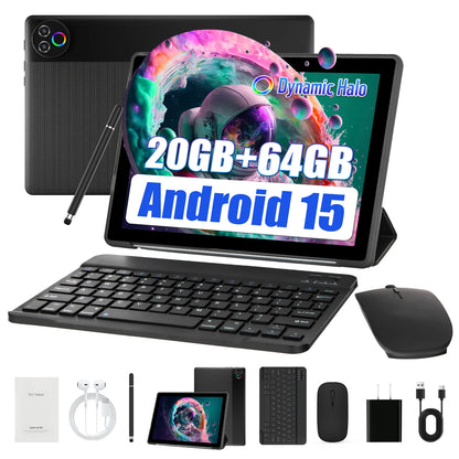 URAO Tablet 10.1 Inch Android 15 Octa-Core 20GB RAM 64GB ROM 1280x800 IPS Tablets PC WiFi 6 Bluetooth 5.3 Widevine L1 Keyboard Set