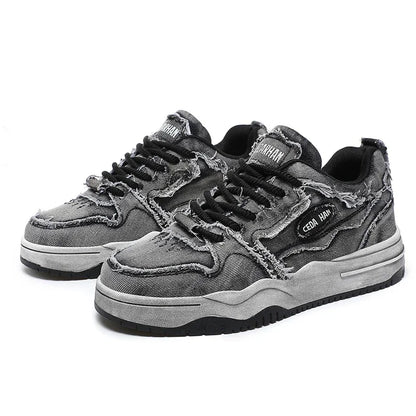 Men's Denim Board Shoes Retro Distressed Tassels Design Low-top Sports Shoes Hip Hop Casual Sneakers