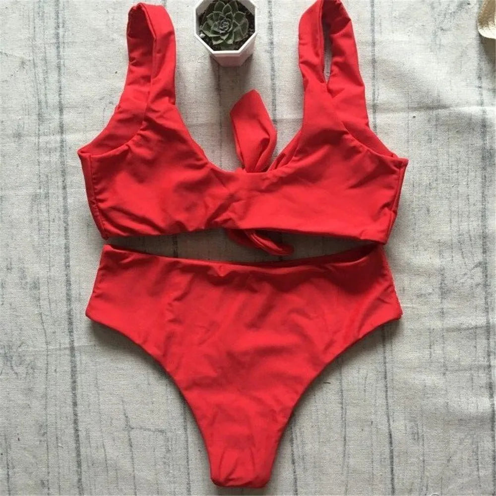 Sexy Front Knotted Bikinis Female Swimsuit High Waist Bikini Women Swimwear Two-pieces Bikini Set Bather Bathing Suit Swim Lady