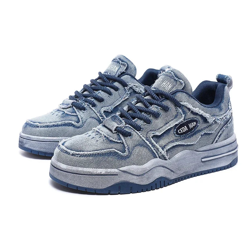 Men's Denim Board Shoes Retro Distressed Tassels Design Low-top Sports Shoes Hip Hop Casual Sneakers