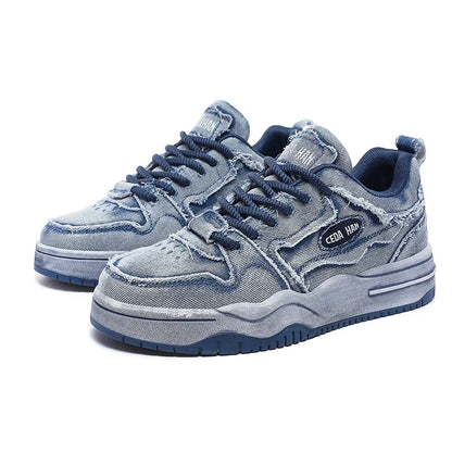 Men's Denim Board Shoes Retro Distressed Tassels Design Low-top Sports Shoes Hip Hop Casual Sneakers