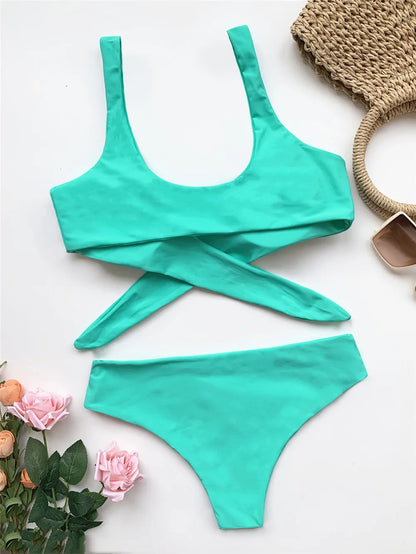 Sexy Front Knotted Bikinis Female Swimsuit High Waist Bikini Women Swimwear Two-pieces Bikini Set Bather Bathing Suit Swim Lady