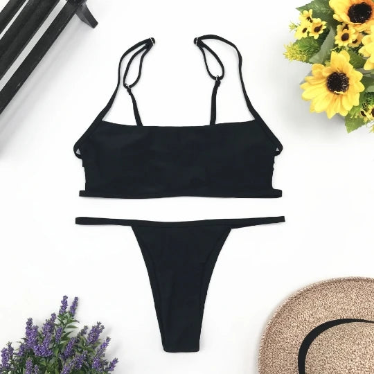 Sexy Stripe Print Swimsuit for Women Solid Tube Top Bathing Suit High Cut Bikini Set Backless Beachwear Brazilian Swimwear Summe