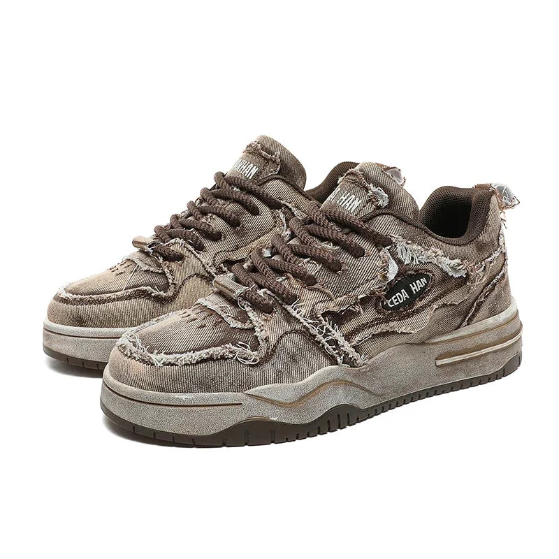 Men's Denim Board Shoes Retro Distressed Tassels Design Low-top Sports Shoes Hip Hop Casual Sneakers