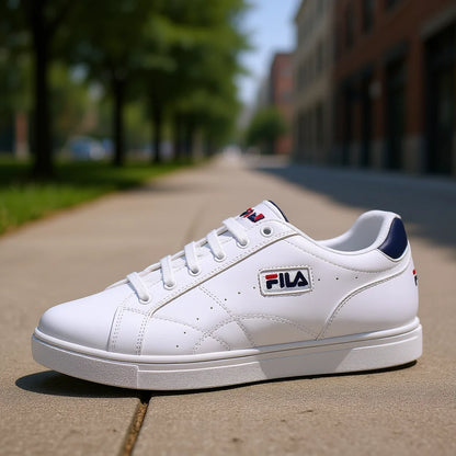 For Men's White Low-Top Toe Casual Sneakers Navy Red Accents Suede Upper Mesh Lining Breathable Lace-Up Walking Shoes