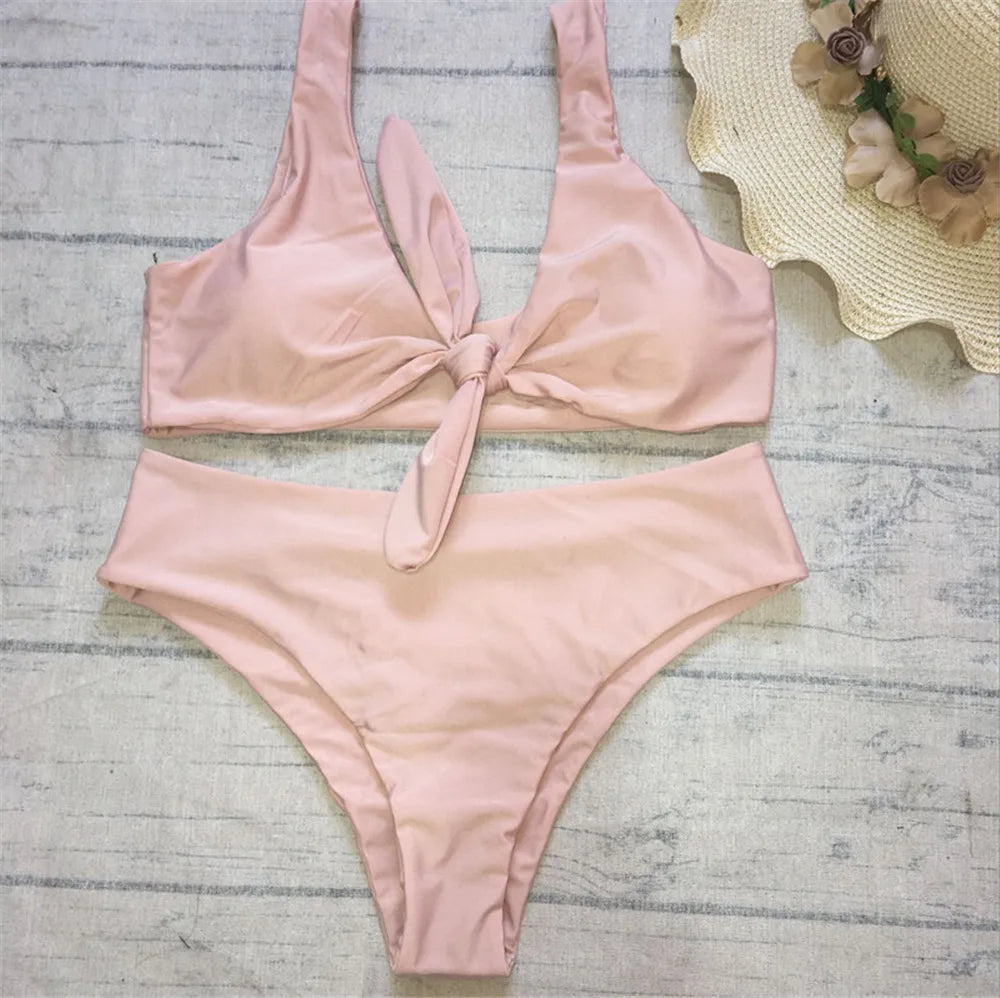 Sexy Front Knotted Bikinis Female Swimsuit High Waist Bikini Women Swimwear Two-pieces Bikini Set Bather Bathing Suit Swim Lady
