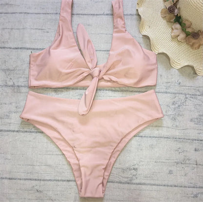 Sexy Front Knotted Bikinis Female Swimsuit High Waist Bikini Women Swimwear Two-pieces Bikini Set Bather Bathing Suit Swim Lady