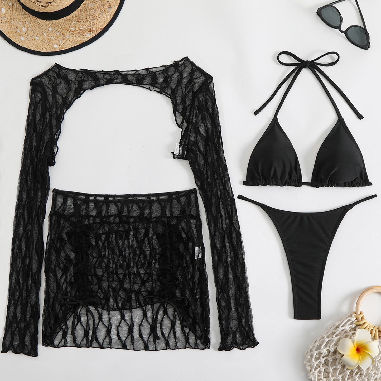 4PCS with Mesh Skirt Long Sleeve Micro Bikini Female Swimsuit Women Swimwear Four-pieces Bikini Set Bathing Suit Swim Beachwear