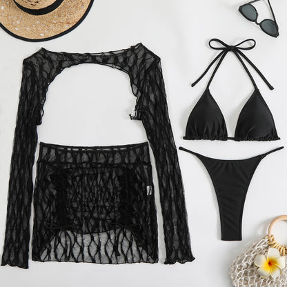 4PCS with Mesh Skirt Long Sleeve Micro Bikini Female Swimsuit Women Swimwear Four-pieces Bikini Set Bathing Suit Swim Beachwear
