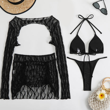 4PCS with Mesh Skirt Long Sleeve Micro Bikini Female Swimsuit Women Swimwear Four-pieces Bikini Set Bathing Suit Swim Beachwear