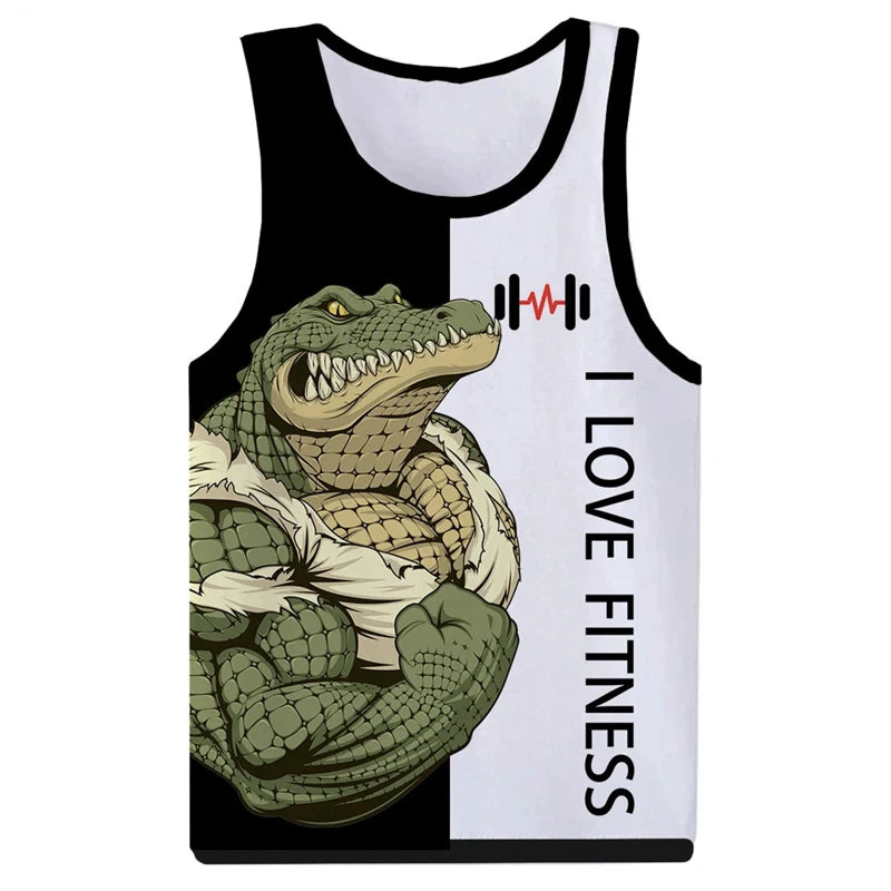 I Love Fitness Tank Tops Animal Letter 3D Print Men's Streetwear Hip Hop Oversized Gym Vest Harajuku Sleeveless Top Man Clothing