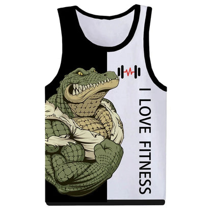 I Love Fitness Tank Tops Animal Letter 3D Print Men's Streetwear Hip Hop Oversized Gym Vest Harajuku Sleeveless Top Man Clothing