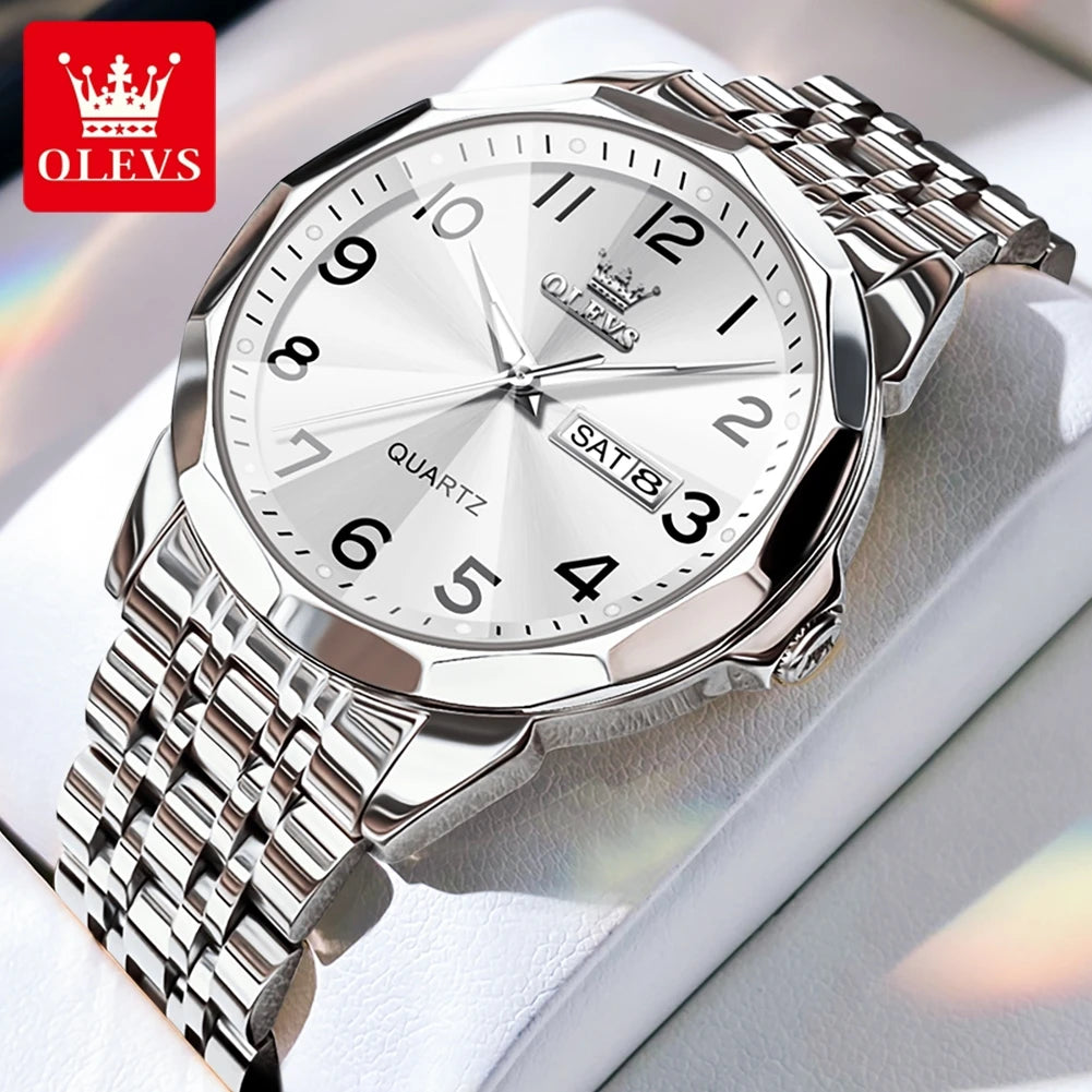 OLEVS Men's Watches Luxury Fashion Fine Steel Strap Top Brand Original Quartz Wristwatch for Man Rhombus Mirror Waterproof Date
