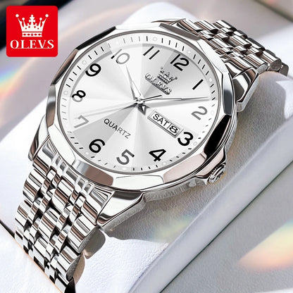 OLEVS Men's Watches Luxury Fashion Fine Steel Strap Top Brand Original Quartz Wristwatch for Man Rhombus Mirror Waterproof Date