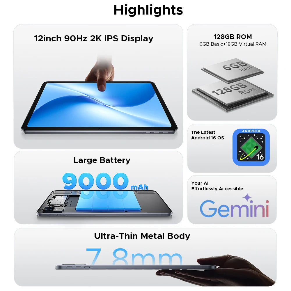 DOOGEE U12 Tablet PC Android 16 Gemini AI 12'' FHD+ Screen 24GB RAM 128GB 9000mAh Large Battery 7.8mm Ultra-thin Smart Pad