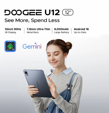 DOOGEE U12 Tablet PC Android 16 Gemini AI 12'' FHD+ Screen 24GB RAM 128GB 9000mAh Large Battery 7.8mm Ultra-thin Smart Pad