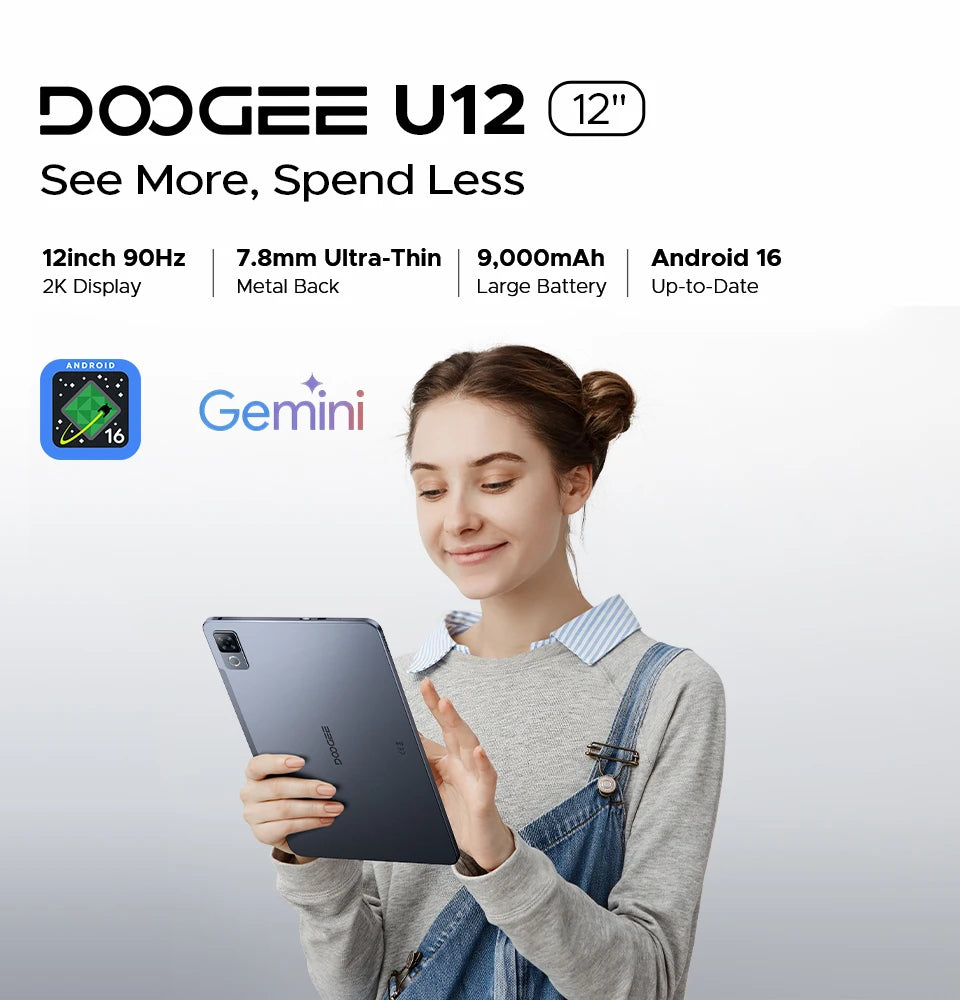 DOOGEE U12 Tablet PC Android 16 Gemini AI 12'' FHD+ Screen 24GB RAM 128GB 9000mAh Large Battery 7.8mm Ultra-thin Smart Pad
