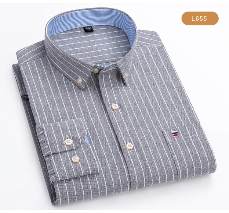 Men's Oxford Long Sleeve Shirt 100% Cotton Wrinkle Resistant & Breathable, Solid Plaid Striped Comfort Casual Button-down Shirts