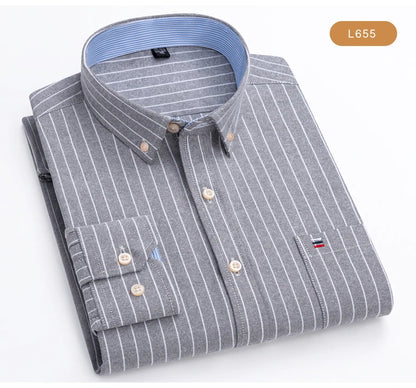 Men's Oxford Long Sleeve Shirt 100% Cotton Wrinkle Resistant & Breathable, Solid Plaid Striped Comfort Casual Button-down Shirts