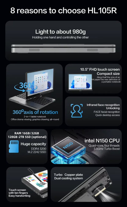 Portable Mini Laptop 10.5inch Touch Screen Notebook N150 32GB+128GB-1TB IPS Small Notebook Portable PC Micro Computer windows 11