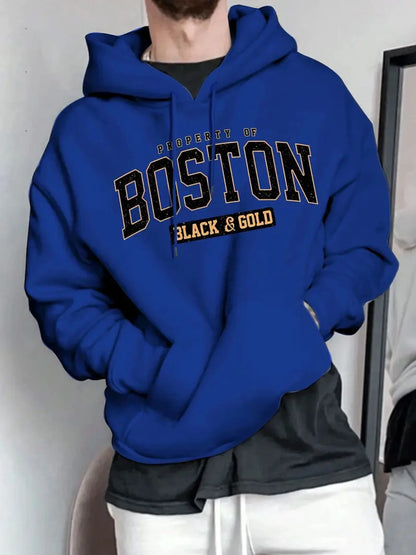 Men's Boston Letter Printed Fleece Warm Hood Adjustable Drawstring Comfortable Outdoor Use Autumn Winter Casual Fashion Hoodie