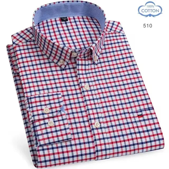 100% Pure Cotton Oxford Shirts for Men Long Sleeve Plaid Shirt Striped Male Business Checked Red Shirt Mans Designer Clothes 7XL