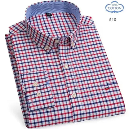 100% Pure Cotton Oxford Shirts for Men Long Sleeve Plaid Shirt Striped Male Business Checked Red Shirt Mans Designer Clothes 7XL