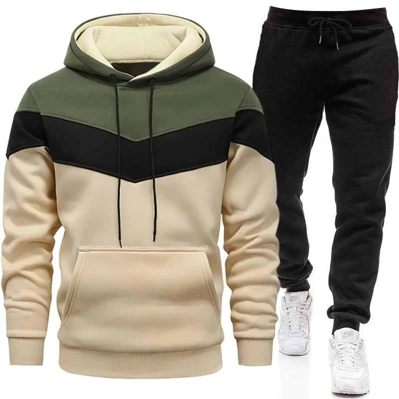 Autumn Winter Fashion Tracksuit Tricolor Hoodies and Black Sweatpants High Quality Male Daily Casual Sports Hooded Jogging Suit