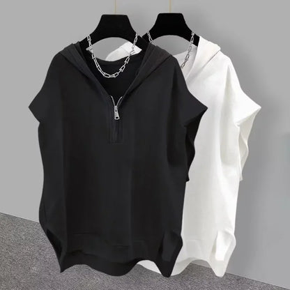 Summer Zipper Hooded Sleeveless T-shirt Men's Korean Fashion Tank Tops 2026 New Y2K Streetwear Casual Vests Hip Hop Tee Shirts