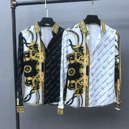 European Men's Spring And Autumn Long Sleeved Shirt, European And American Royal Court Style Retro Fashion Casual Print Lining