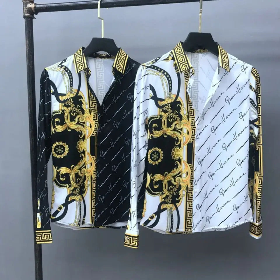 European Men's Spring And Autumn Long Sleeved Shirt, European And American Royal Court Style Retro Fashion Casual Print Lining