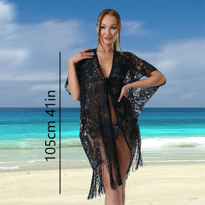 Women Swimsuit Cover Up Bead binding Light weight shawl Beach sarong Floral Lace Kimono Bikini Swim Sunshade Dress Travel