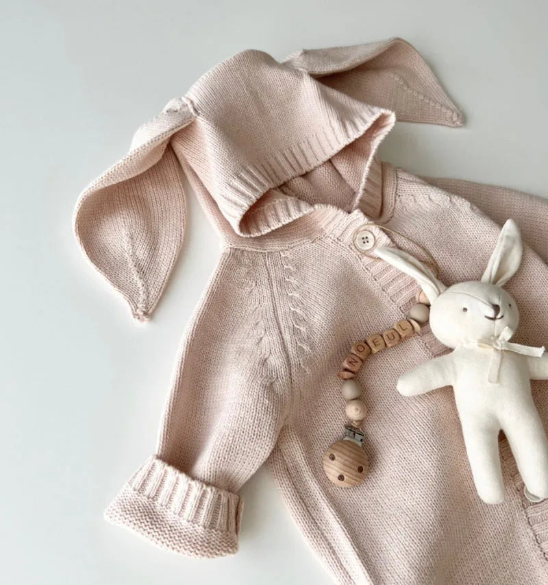 Bunny Ear Hooded Knit Baby Romper