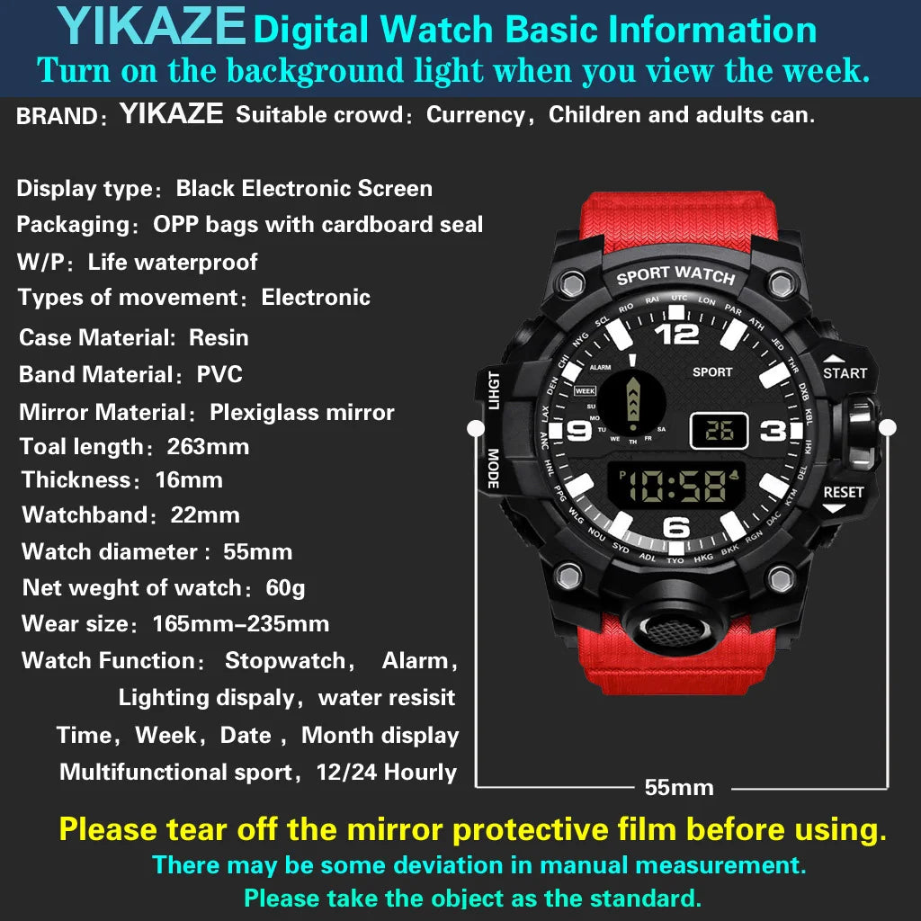 YIKAZE Sports Watch Men's LED Digital Watches Multifunction Military Clock Big Dial Waterproof Fitness Electronic Watch For Man