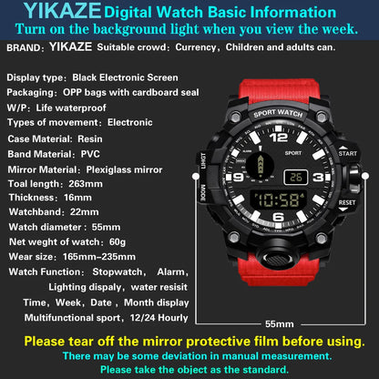 YIKAZE Sports Watch Men's LED Digital Watches Multifunction Military Clock Big Dial Waterproof Fitness Electronic Watch For Man