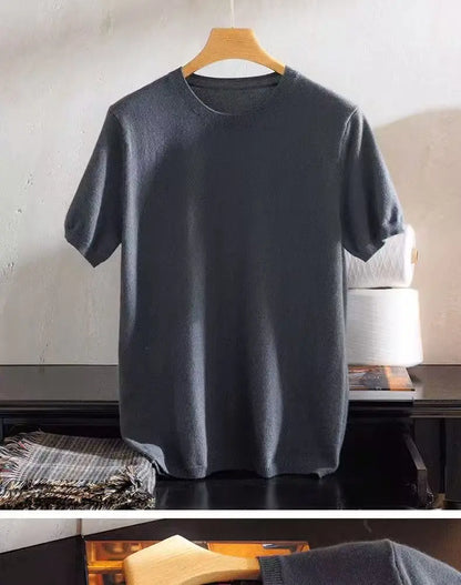 Superfine Merino Wool T Shirt Men's Knitted O-neck Breathable Thin Cashmer Short Sleeve Tee Solid Color  Men's Sweater Tops