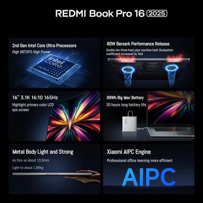 Xiaomi REDMI Book Pro 16 Laptop 2025 Ultra 7 255H/Ultra 5225H Intel Arc Graphics 32GB LPDDR5X 1T SSD 16-inch 3.1K 165Hz Screen