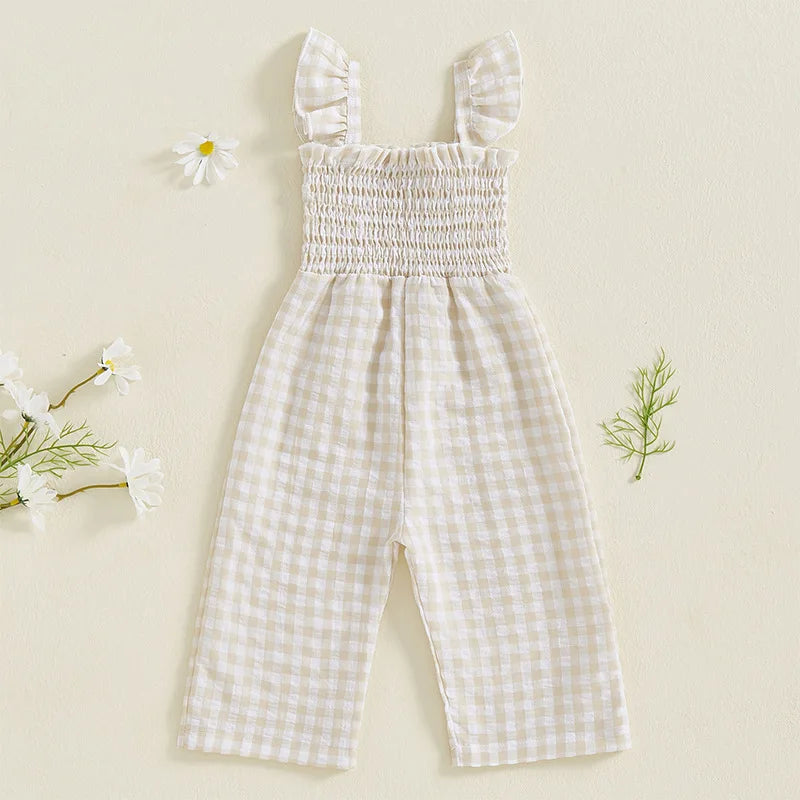 2025 Baby Girl Clothes Girl Cotton Overalls Ruffle Sleeve Strappy Gingham Checkered Romper Casual Loose Pants Outfit 0-4Y