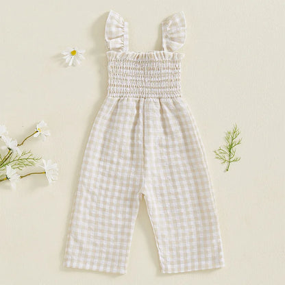 2025 Baby Girl Clothes Girl Cotton Overalls Ruffle Sleeve Strappy Gingham Checkered Romper Casual Loose Pants Outfit 0-4Y